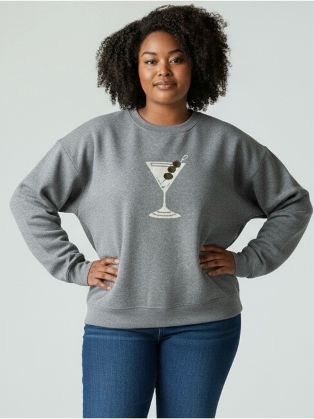 Grace + Karma Martini Graphic Sweater Gray Crewneck Beaded Olives 2X NWOT